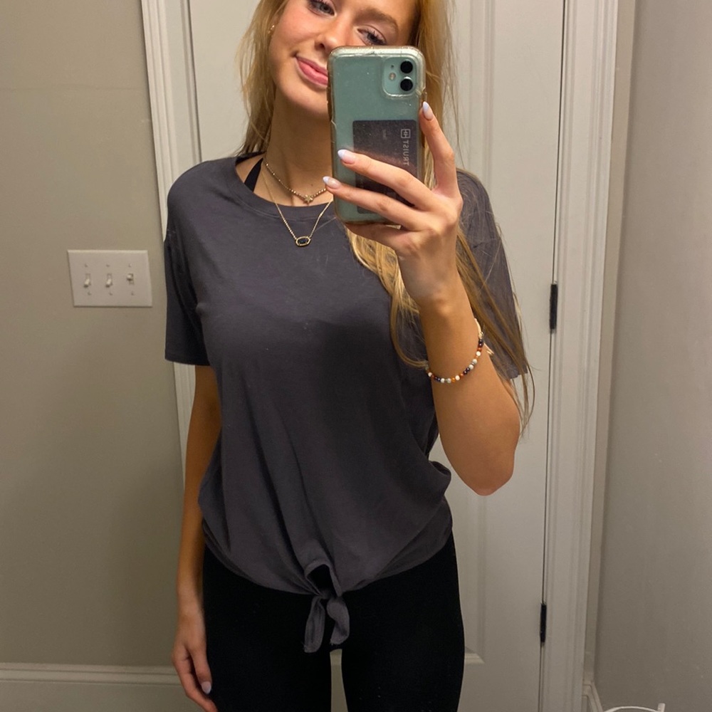 grey athletic tee shirt with cute tie in front